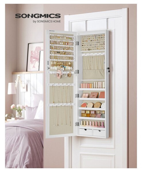 SONGMICS Nástěnná šperkovnice se zrcadlem 37 x 120 x 10 cm bílá
