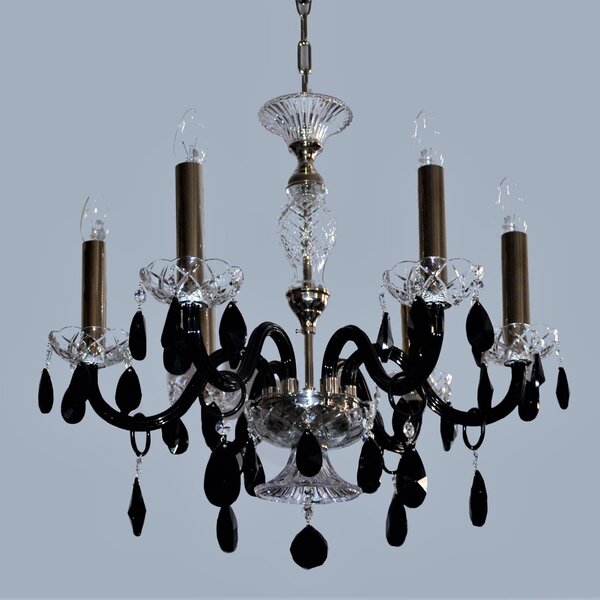 6-ti ramenný křišťálový lustr s dlouhými svícemi ve francouzském stylu - černé a čiré křišťálové sklo
