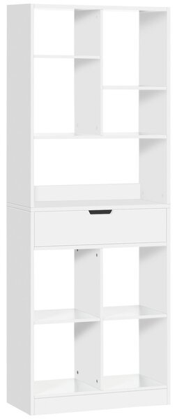 HOMCOM Knihovna s Šuplíkem a 9 Úložnými Prostředky - Knihovna do Obývacího Pokoje, Kanceláře nebo Studovny 60x26x158 cm Bílá | Aosom