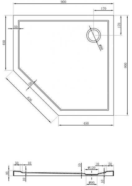 Mexen Flow pětiúhelníkový sprchový kout slim 90 x 90 cm, černý mat - 46P709090