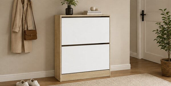 Botník, 2 dveřový, dřevo, 87x80x21 cm, dub sonoma/bílá, Dekorino BB20260077