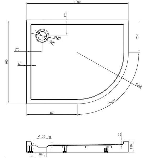 Mexen Flow+ sprchová vanička půlkruhová asymetrická levá 100 x 80 cm, černá mat - 46Q708010LH