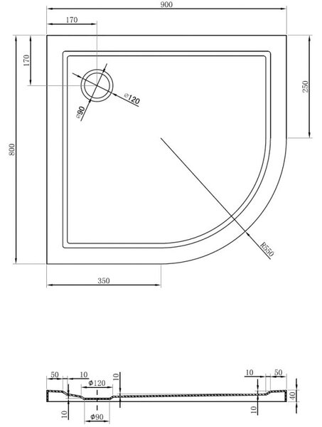 Mexen Flow asymetrická půlkruhová sprchová vanička slim levá 90 x 80 cm, černý mat - 46Q708090L