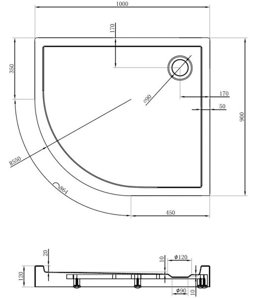 Mexen Flow+ sprchová vanička půlkruhová asymetrická pravá 100 x 90 cm, bílý lesk - 46Q109010RH