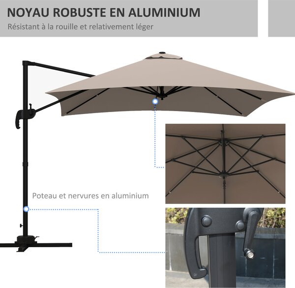 Outsunny čtvercový slunečník s posunem - náklon 360° a otáčecí klička - hliník, rozměry 3,0 x 3,0 x 2,6 m, béžový | Aosom