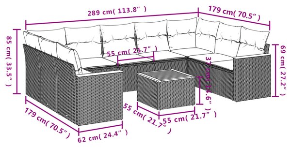 10dílná zahradní sedací souprava s poduškami béžová polyratan 3258685