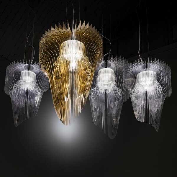 Slamp Aria S gold, závěsný světelný objekt od Zaha Hadid, 2x E27 + 7W LED, délka 75cm