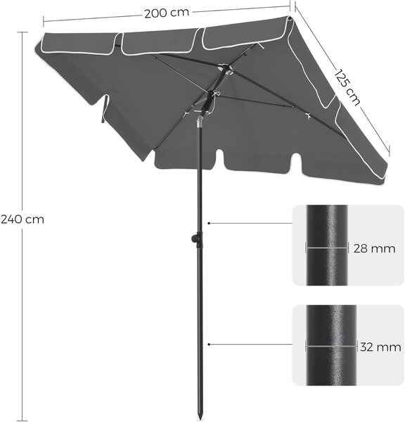 SONGMICS Slunečník obdélníkový 200 x 125 cm šedá