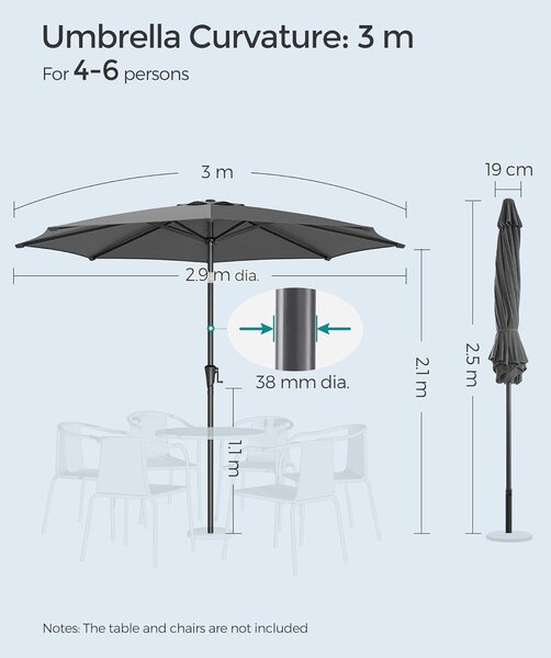 SONGMICS Zahradní slunečník 300 cm šedá