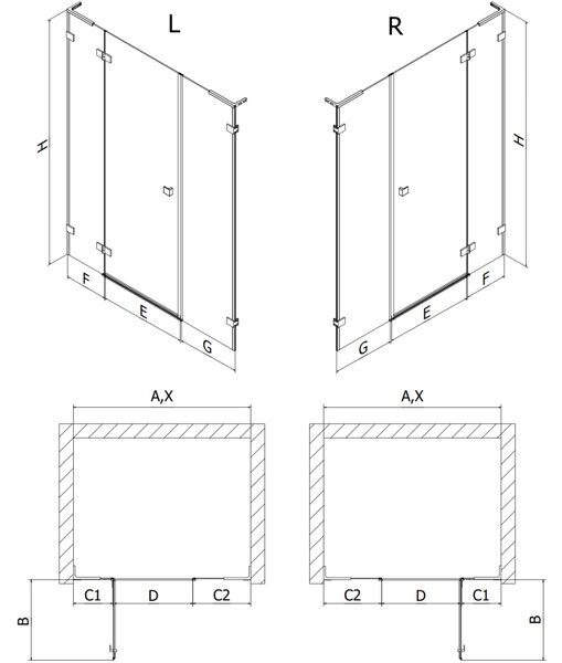 Mexen Lunar L, Otočné pravé sprchové dveře 135 cm, 8mm čiré sklo, černý matný profil, 834SL-135-050-70-00-P