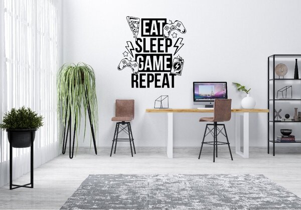 Samolepka na zeď Eat, sleep, game, repeat Barva: Černá, Rozměry samolepky ( šířka x výška ): 20 x 21 cm