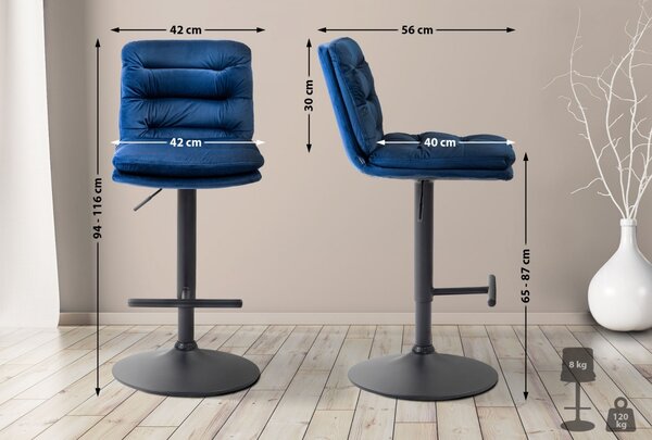 2x Barová židle Damar - samet, černý rám - blue