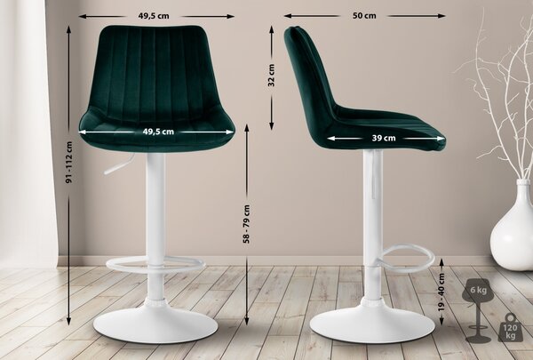 2x Barová židle Toni - samet, bílý rám - Zelená