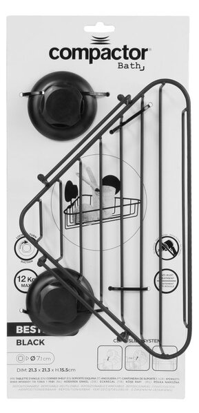 Rohová polička do koupelny Compactor Bestlock Black s přísavkami-bez vrtání, nosnost 12 kg