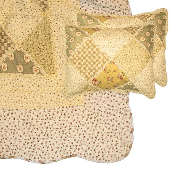 Žlutý patchwork přehoz na dvoulůžko s 2 povlaky na polštář Jennifer – 230x250 cm