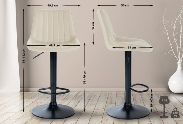 2x Barová židle Toni - koženka, černý rám - Krémová