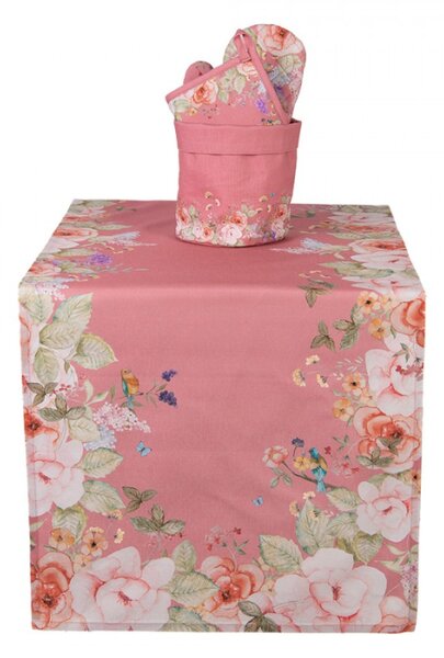 Růžový bavlněný běhoun na stůl s květinovým motivem Classic Flower Garden – 50x140 cm