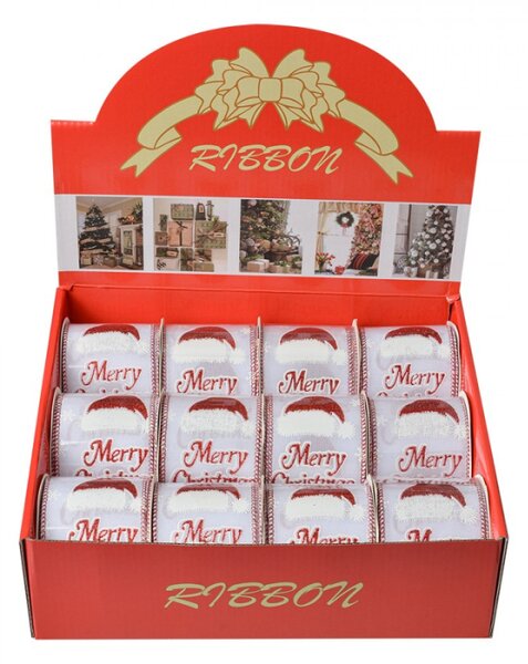Vánoční bílá stuha s nápisem Merry Christmas – 63 mm x 5 m