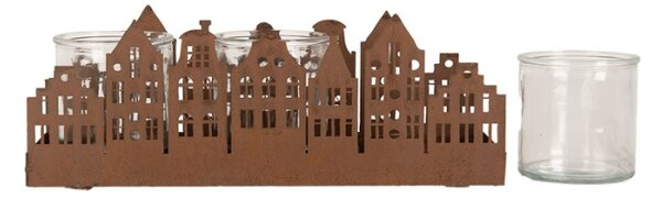 Kovový vyžezávaný svícen na 3 svíčky s motivem městečka Zwemblik – 30x9x11 cm