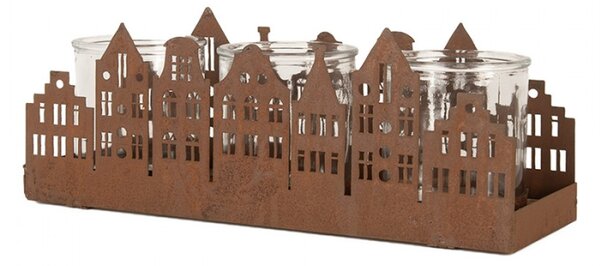 Kovový vyžezávaný svícen na 3 svíčky s motivem městečka Zwemblik – 30x9x11 cm