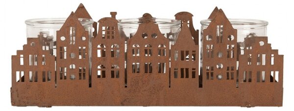 Kovový vyžezávaný svícen na 3 svíčky s motivem městečka Zwemblik – 30x9x11 cm