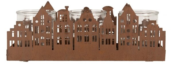 Kovový vyžezávaný svícen na 3 svíčky s motivem městečka Zwemblik – 30x9x11 cm