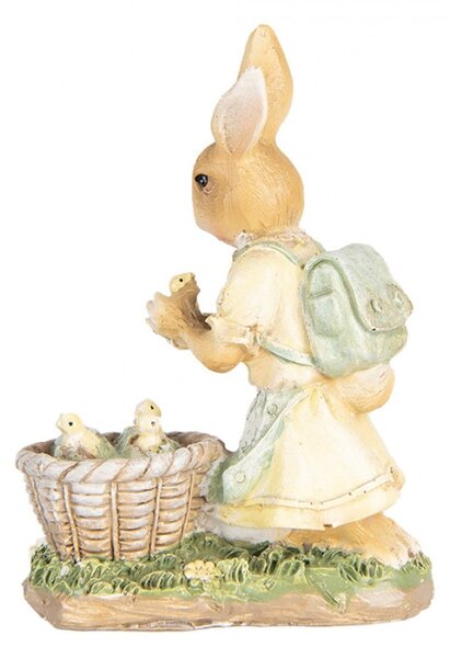 Velikonoční dekorační figurka zaječice ve žlutých šatičkách se stará o malá kuřátka – 10x6x13 cm
