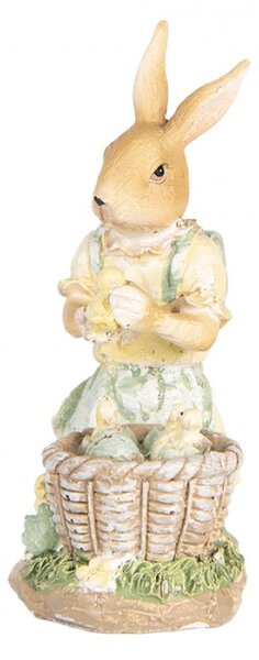 Velikonoční dekorační figurka zaječice ve žlutých šatičkách se stará o malá kuřátka – 10x6x13 cm