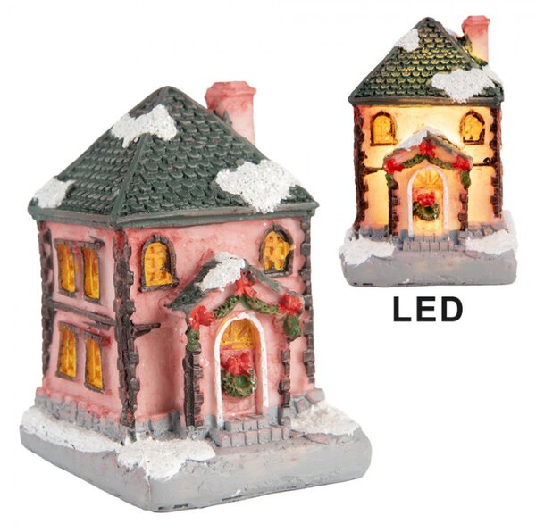 Růžový dekorační domeček s LED světýlky Hoefkens – 4x5x6 cm