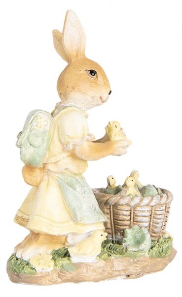 Velikonoční dekorační figurka zaječice ve žlutých šatičkách se stará o malá kuřátka – 10x6x13 cm