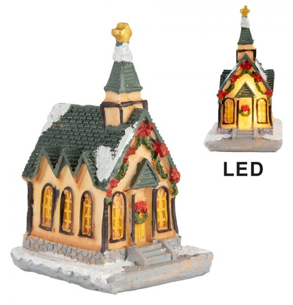 Zasněžený dekorační domeček / kostel s LED světýlky Hoefkens – 5x5x5 cm