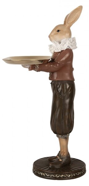 Dekorační figurka zajíc baron v hnědém oděvu se zlatým táckem – 18x17x31 cm