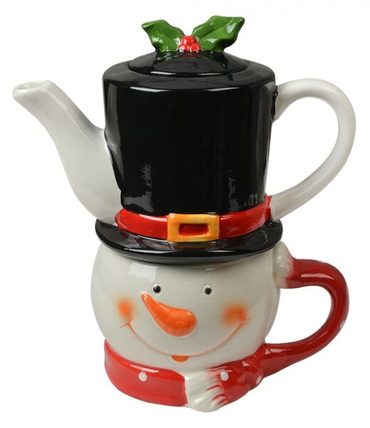 Vánoční keramický tea for one (šálek na čaj s konvičkou) sněhulák – 525 ml