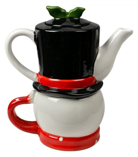 Vánoční keramický tea for one (šálek na čaj s konvičkou) sněhulák – 525 ml