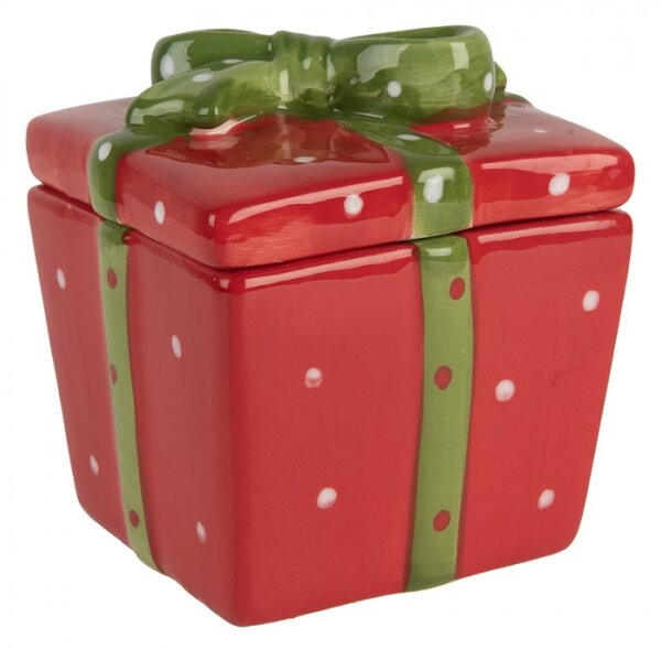 Červeno-zelená vánoční keramická dóza s víkem dárek / balíček – 9x9x11 cm