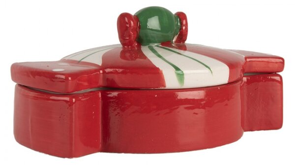 Červeno-zelená vánoční keramická dóza s víkem bonbon – 14x10x8 cm