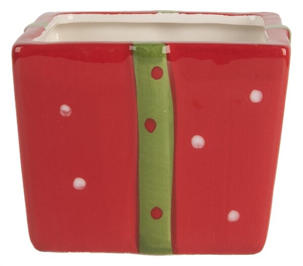 Červeno-zelená vánoční keramická dóza s víkem dárek / balíček – 9x9x11 cm