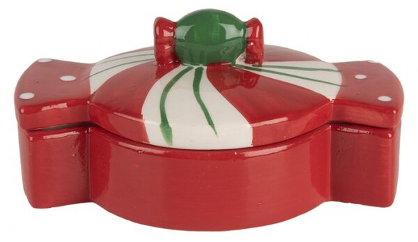 Červeno-zelená vánoční keramická dóza s víkem bonbon – 14x10x8 cm