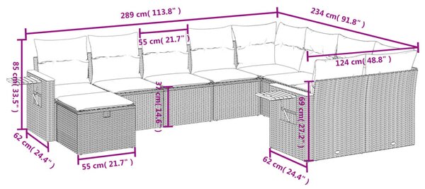 10dílná zahradní sedací souprava s poduškami šedá polyratan 3259561