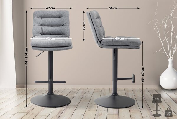2x Barová židle Damar - látka, černý rám - šedá