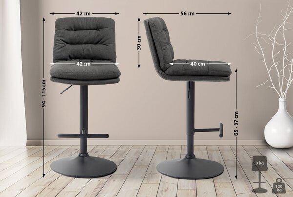 2x Barová židle Damar - látka, černý rám - tmavě šedá