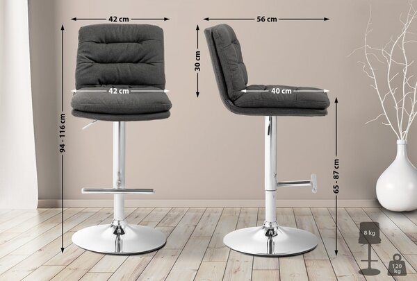 2x Barová židle Damar - látka, chrom rám - tmavě šedá