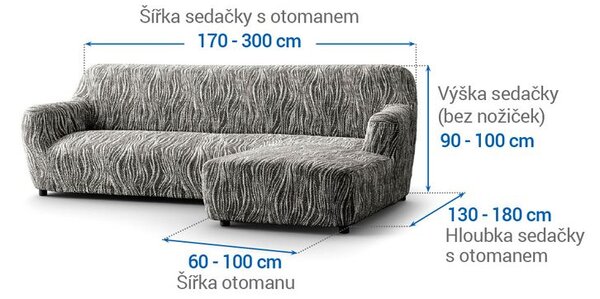 Bielastické potahy UNIVERSO NOVÉ žíhané černobílé sedačka s otomanem vpravo (š. 170 - 300 cm)