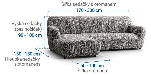 Bielastické potahy UNIVERSO NOVÉ žíhané černobílé sedačka s otomanem vlevo (š. 170 - 300 cm)