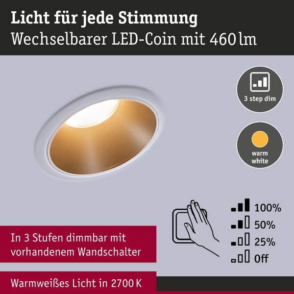 Paulmann 93406 Cole Coin, set bodovek v bílo-zlaté úpravě, 3x6W LED 2700K tříkrokové stmívání, prům. 8,8cm, IP44