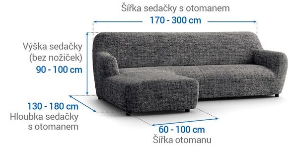 Bielastické potahy VITTORIA šedá sedačka s otomanem vlevo (š. 170 - 300 cm)