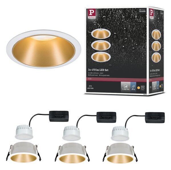 Paulmann 93406 Cole Coin, set bodovek v bílo-zlaté úpravě, 3x6W LED 2700K tříkrokové stmívání, prům. 8,8cm, IP44