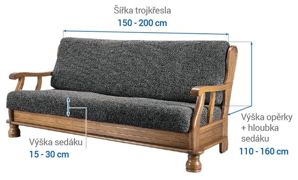 Bielastické potahy VITTORIA šedá trojkřeslo s dřevěnými rukojeťmi (š. 150 - 200 cm)