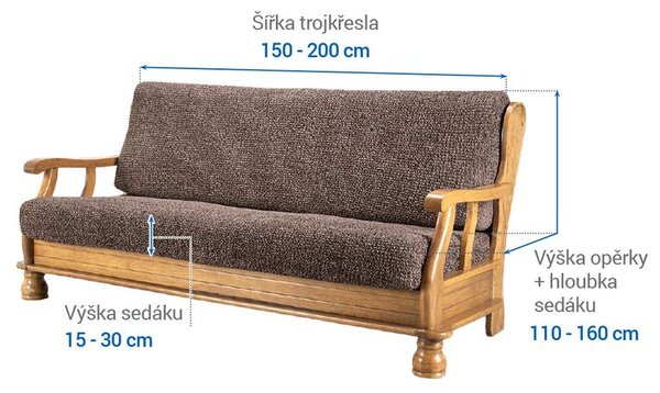 Bielastické potahy VITTORIA hnědá trojkřeslo s dřevěnými rukojeťmi (š. 150 - 200 cm)