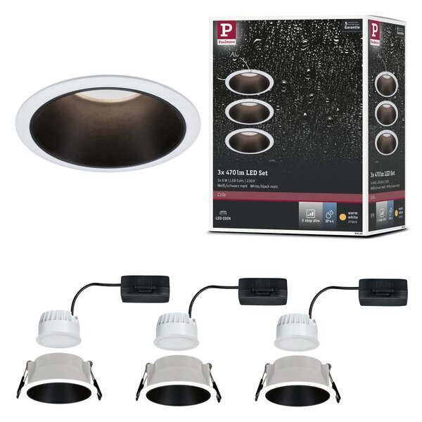 Paulmann 93402 Cole Coin, set bodovek v bílo-černé úpravě, 3x6W LED 2700K tříkrokové stmívání, prům. 8,8cm, IP44